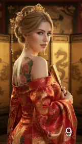 Девушка с веером с тату